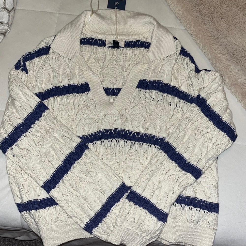 Cropped Blue and Cream Crochet Sweater